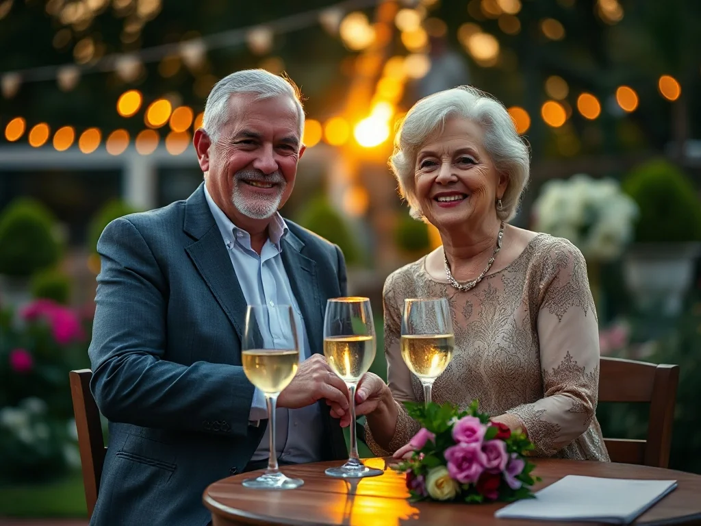 Elegancka para w średnim wieku świętuje rocznicę ślubu w romantycznym ogrodzie przy zachodzie słońca.