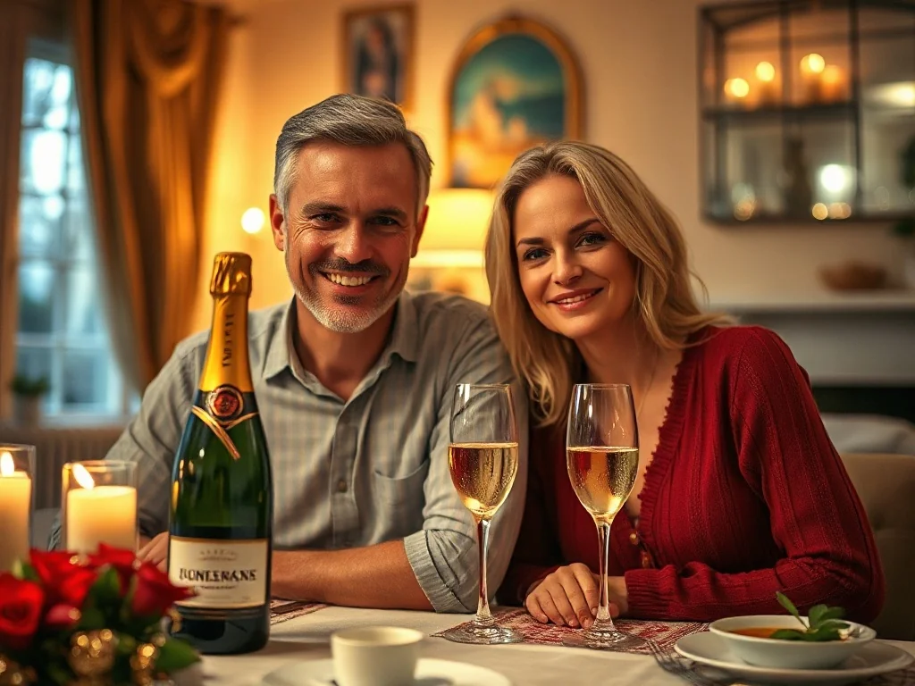Szczęśliwa para świętująca rocznicę ślubu przy eleganckim stole z szampanem w romantycznej, ciepłej atmosferze.