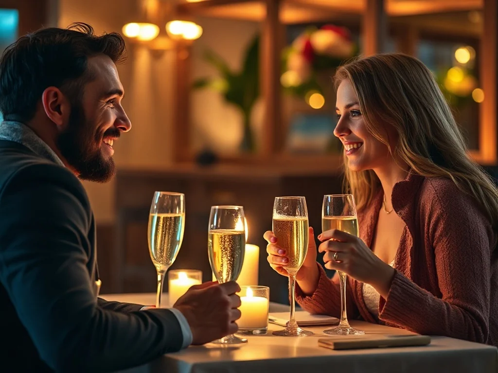 Szczęśliwa para świętująca rocznicę ślubu przy romantycznej kolacji z lampkami szampana w eleganckiej restauracji.