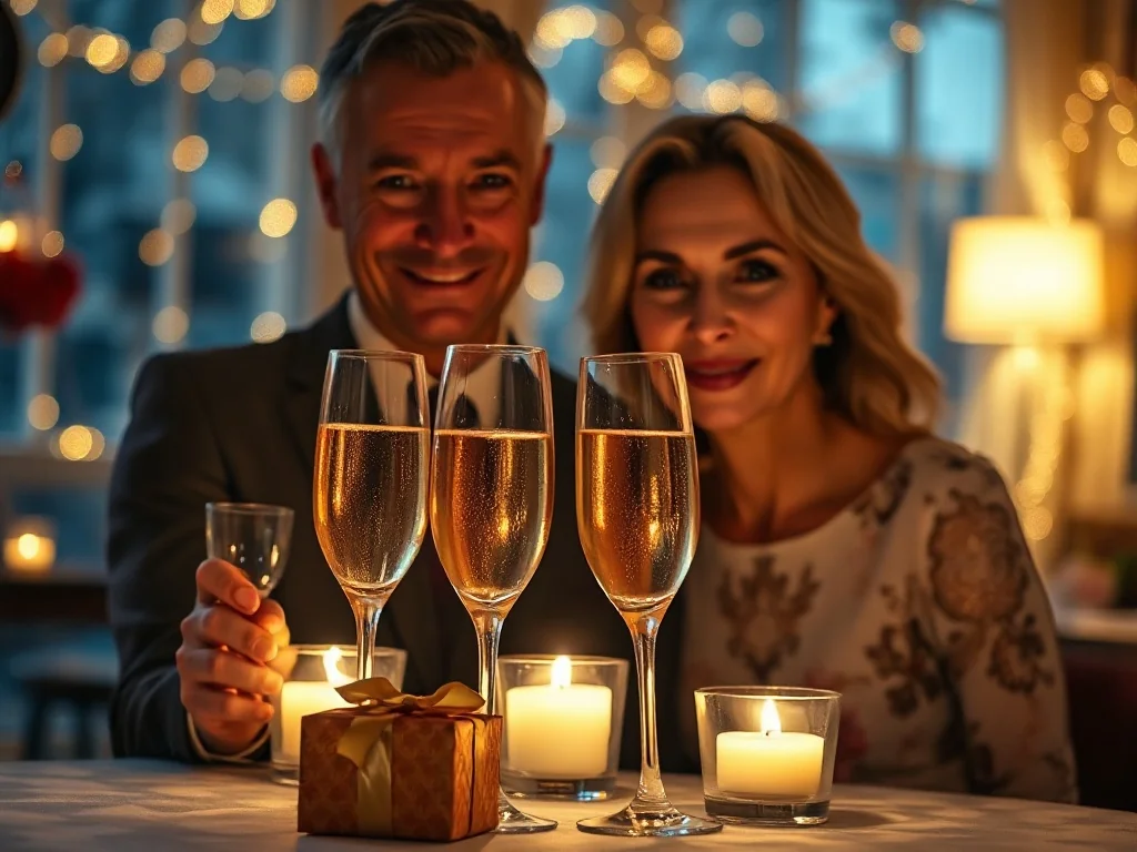 Elegancka para świętująca rocznicę ślubu przy romantycznej kolacji z szampanem i prezentem w przytulnej restauracji.