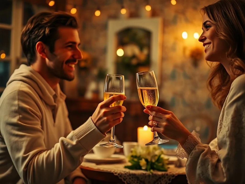Szczęśliwa para wznosząca toast kieliszkami szampana przy romantycznej kolacji z okazji rocznicy ślubu.