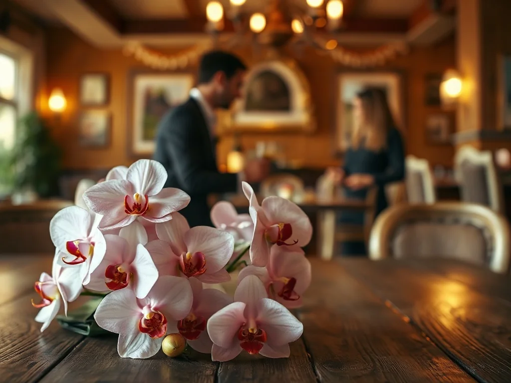 Elegancki bukiet storczyków na drewnianym stole w tle pary świętującej rocznicę w romantycznej restauracji.