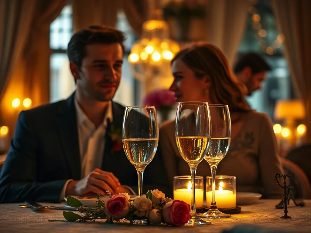 Para świętująca rocznicę ślubu przy romantycznej kolacji w eleganckiej restauracji przy blasku świec.