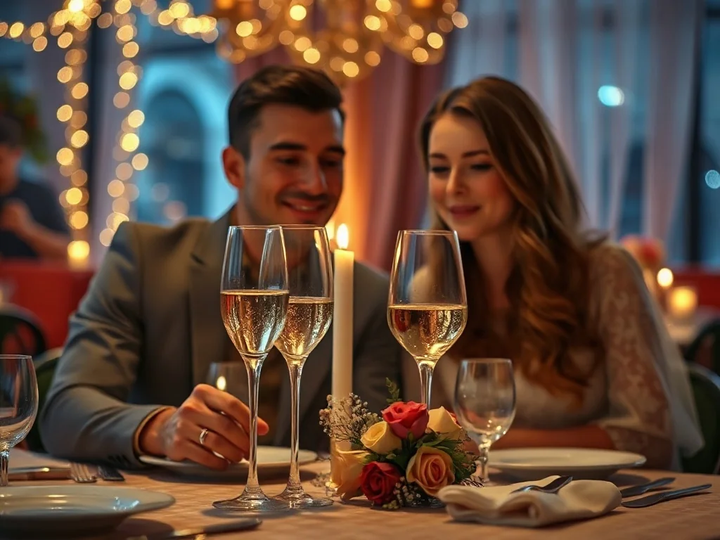 Para świętująca rocznicę ślubu przy romantycznej kolacji w restauracji z winem i świecami.