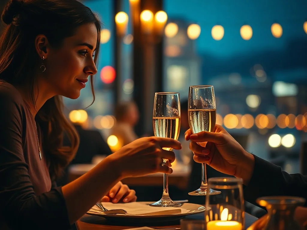 Para wznosząca toast kieliszkami szampana przy romantycznej kolacji w eleganckiej restauracji.
