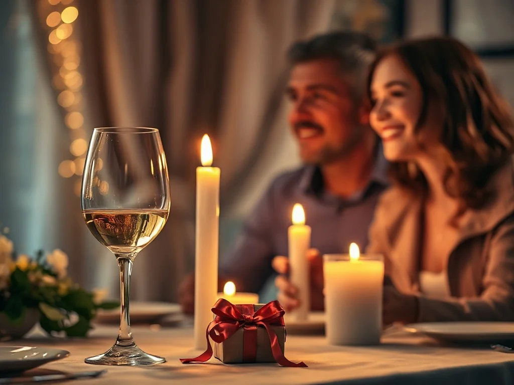 Romantyczna kolacja przy świecach z prezentem dla pary świętującej rocznicę ślubu w przytulnej atmosferze.