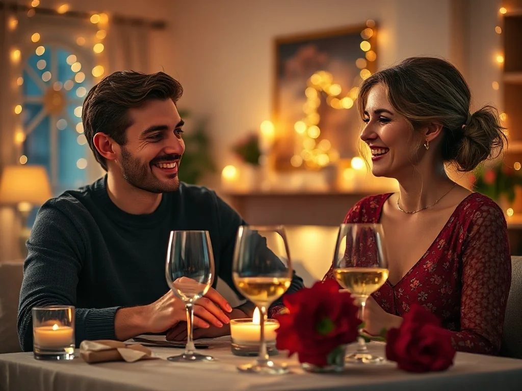 Szczęśliwa para podczas romantycznej kolacji przy świecach w domowym zaciszu, idealna na świętowanie rocznicy ślubu.
