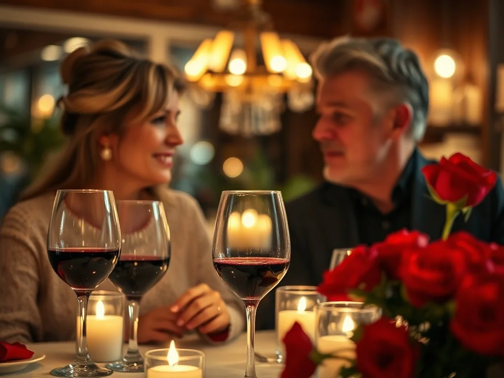 Para w średnim wieku świętująca rocznicę ślubu podczas romantycznej kolacji przy świecach i winie w eleganckiej restauracji.