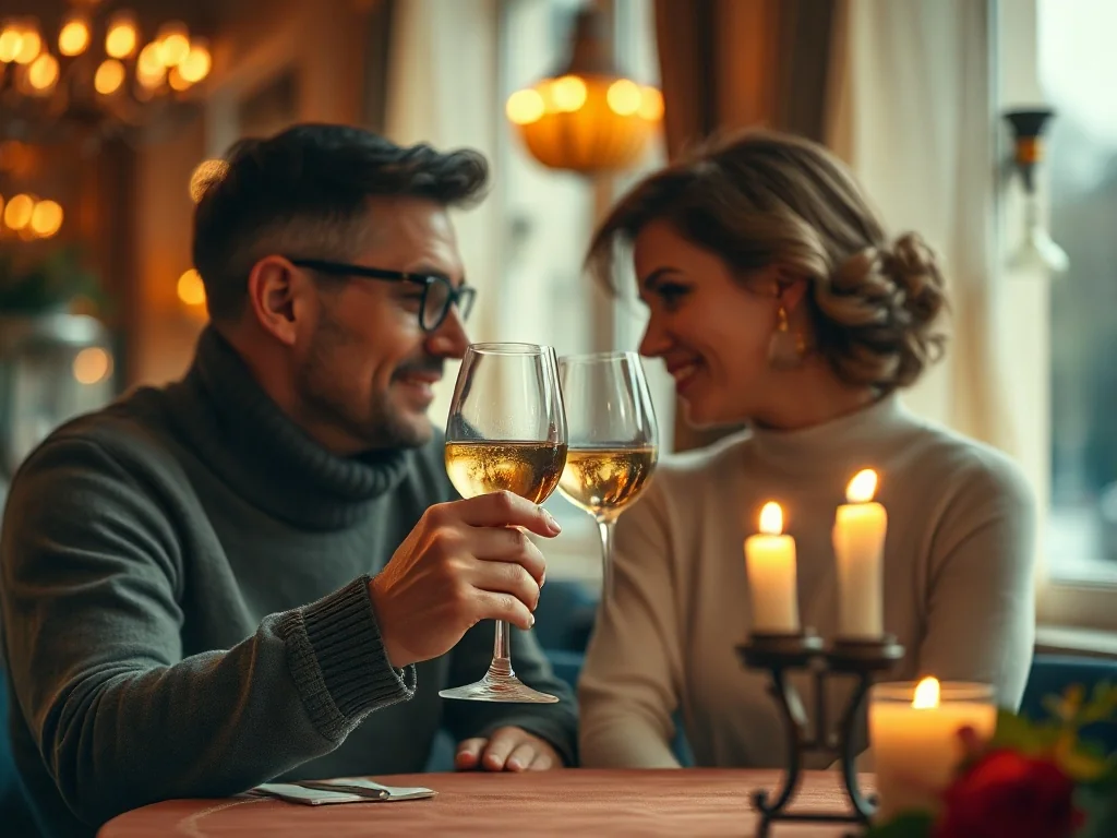 Para świętująca drugą rocznicę ślubu przy romantycznej kolacji z winem i świecami w eleganckiej restauracji.